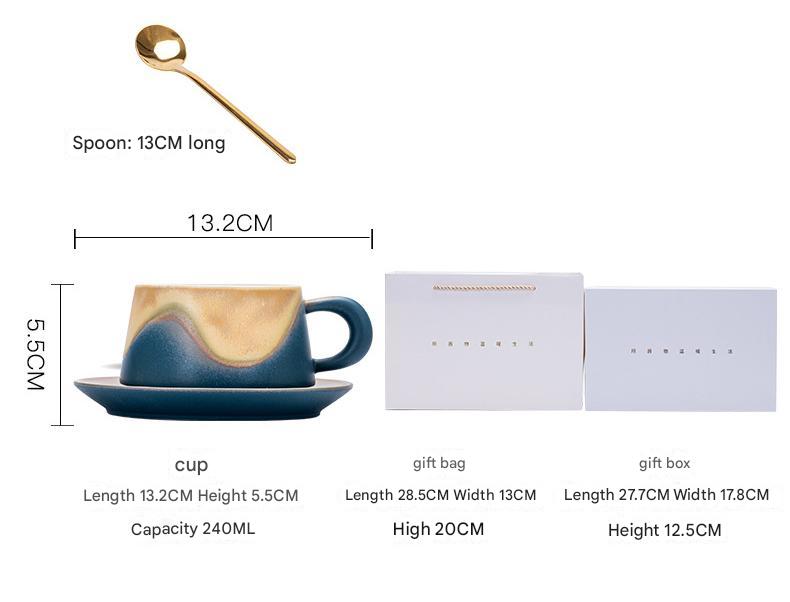 Artistic Ceramic Coffee Cup & Saucer Set with Spoon - Gradient Glaze, 240ml, Gift Boxed(Blue) V888-ELOSUNG35128