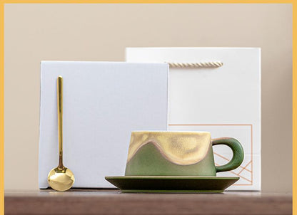 Artistic Ceramic Coffee Cup & Saucer Set with Spoon - Gradient Glaze, 240ml, Gift Boxed(Green) V888-ELOSUNG35130