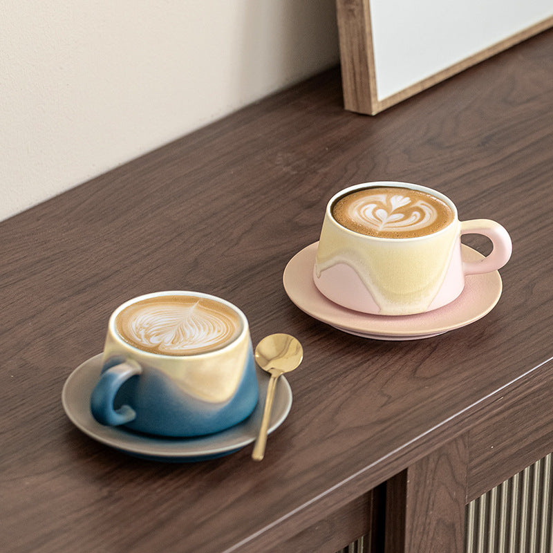 Artistic Ceramic Coffee Cup & Saucer Set with Spoon - Gradient Glaze, 240ml, Gift Boxed(Green) V888-ELOSUNG35130