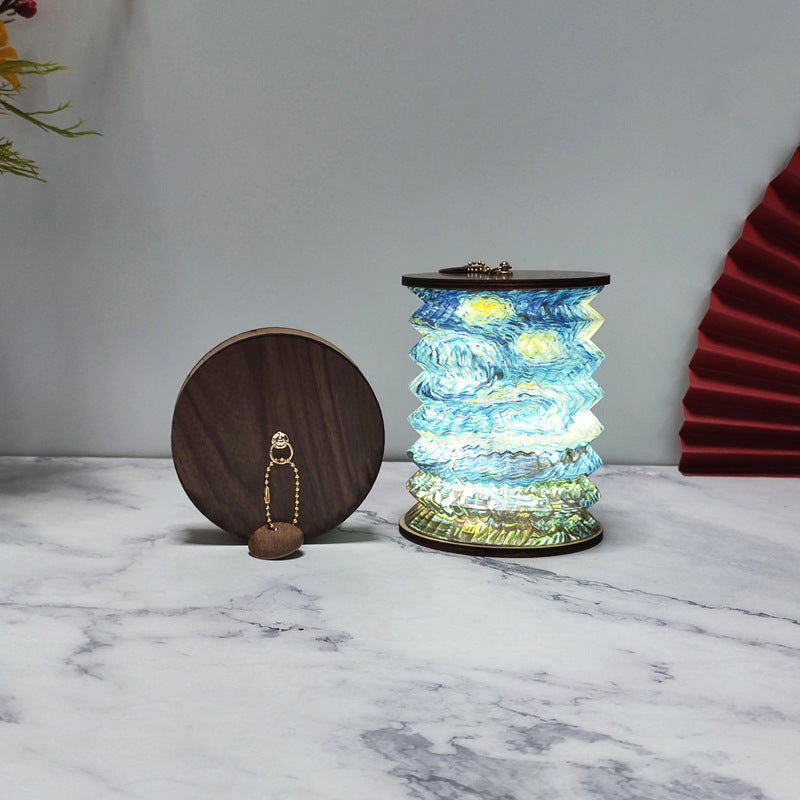 Foldable Telescopic Lantern Lamp - 3 Light Modes, USB Rechargeable, Wood/Paper Finish(Starry Night by Van V888-ELOSUNG35147