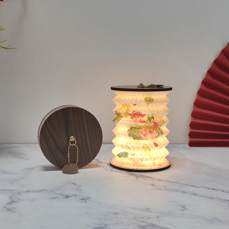 Foldable Telescopic Lantern Lamp - 3 Light Modes, USB Rechargeable, Wood/Paper Finish(Lotus Painting) V888-ELOSUNG35148