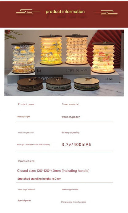 Foldable Telescopic Lantern Lamp - 3 Light Modes, USB Rechargeable, Wood/Paper Finish(Lotus Painting) V888-ELOSUNG35148