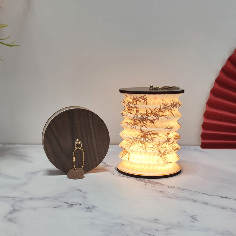 Foldable Telescopic Lantern Lamp - 3 Light Modes, USB Rechargeable, Wood/Paper Finish(Ink Bamboo Painting) V888-ELOSUNG35149
