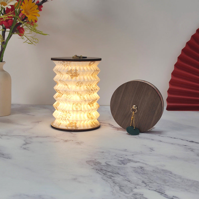 Foldable Telescopic Lantern Lamp - 3 Light Modes, USB Rechargeable, Wood/Paper Finish(Good Luck and Happiness) V888-ELOSUNG35150