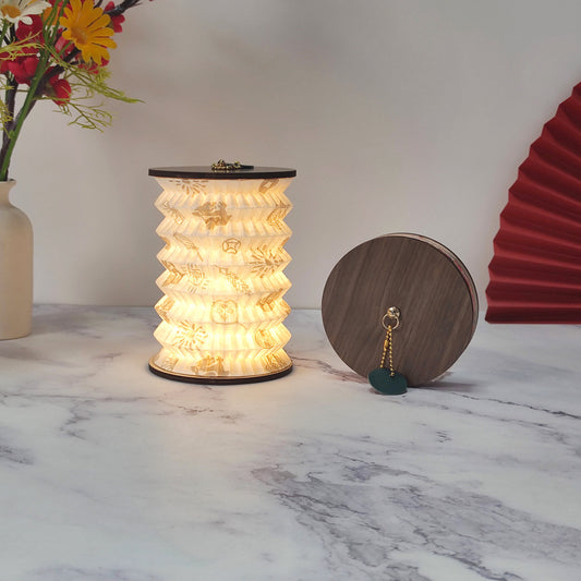 Foldable Telescopic Lantern Lamp - 3 Light Modes, USB Rechargeable, Wood/Paper Finish(Good Luck and Happiness) V888-ELOSUNG35150