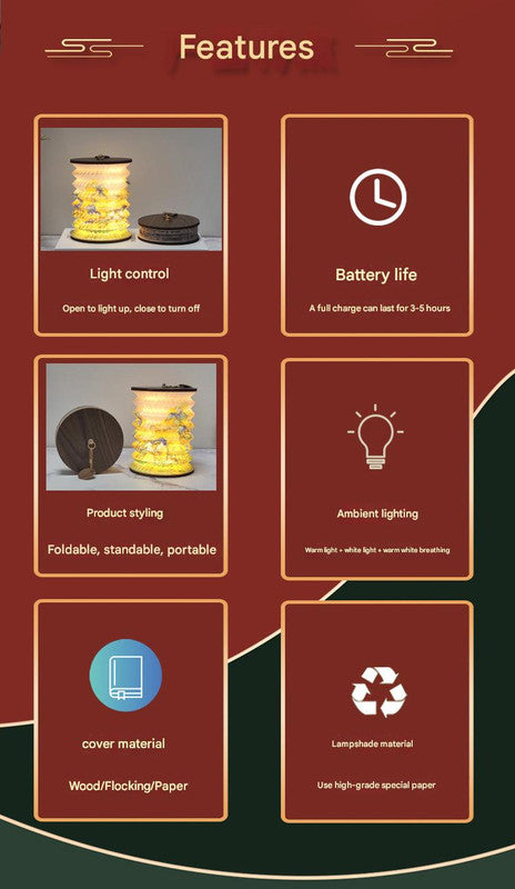Foldable Telescopic Lantern Lamp - 3 Light Modes, USB Rechargeable, Wood/Paper Finish(Good Luck and Happiness) V888-ELOSUNG35150