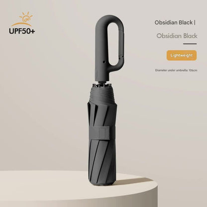 Automatic Open/Close Umbrella with UPF50+ Sun Protection - 10-Rib Windproof Design, Carabiner Handle(Black) V888-ELOSUNG35170