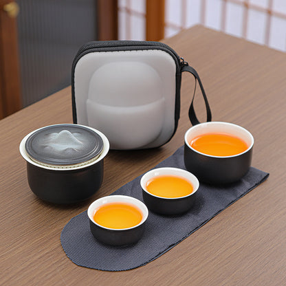 Portable Ceramic Tea Set for Travel - Quick Gaiwan with 3 Cups & Carrying Case(black) V888-ELOSUNG35174