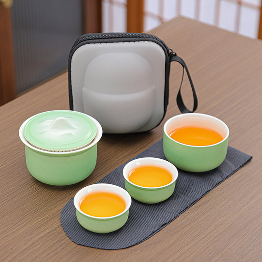 Portable Ceramic Tea Set for Travel - Quick Gaiwan with 3 Cups & Carrying Case(Light green) V888-ELOSUNG35175