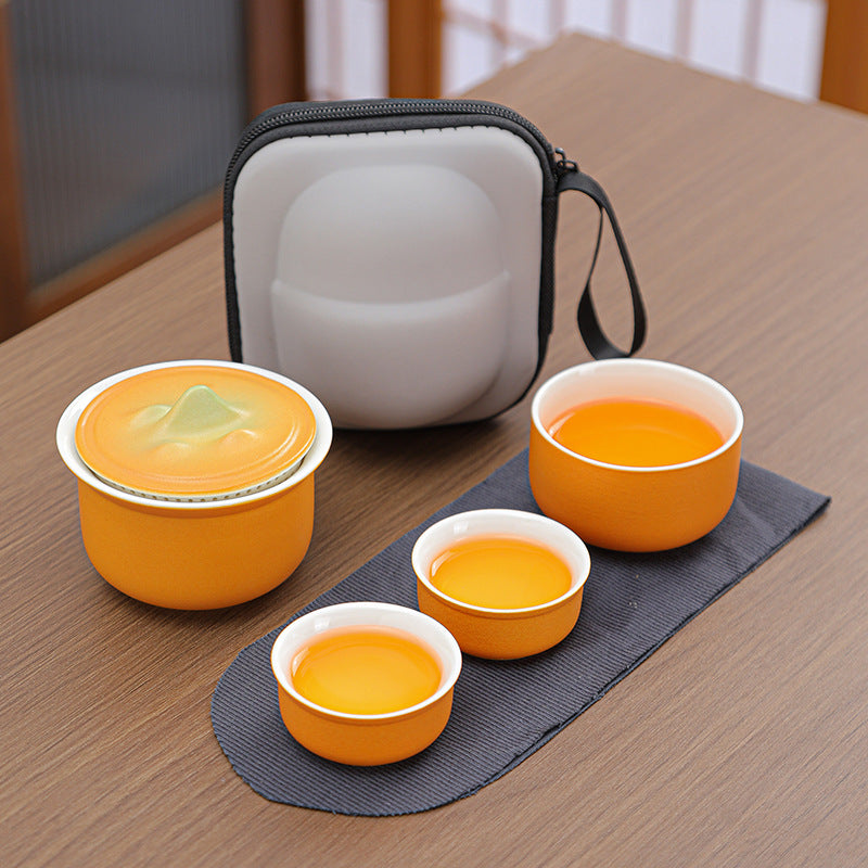 Portable Ceramic Tea Set for Travel - Quick Gaiwan with 3 Cups & Carrying Case(Orange) V888-ELOSUNG35176