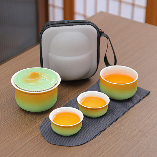 Portable Ceramic Tea Set for Travel - Quick Gaiwan with 3 Cups & Carrying Case(Yellow-green gradient) V888-ELOSUNG35177
