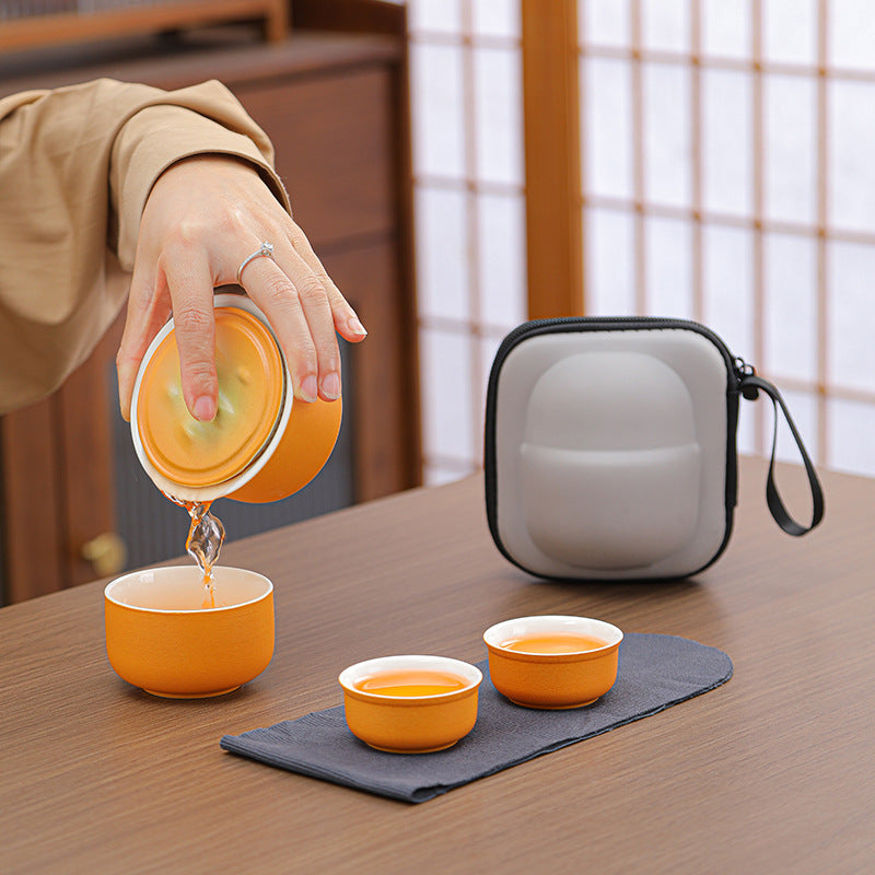 Portable Ceramic Tea Set for Travel - Quick Gaiwan with 3 Cups & Carrying Case(Yellow-green gradient) V888-ELOSUNG35177