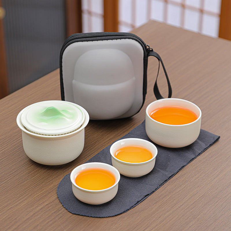 Portable Ceramic Tea Set for Travel - Quick Gaiwan with 3 Cups & Carrying Case(White) V888-ELOSUNG35178
