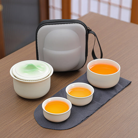 Portable Ceramic Tea Set for Travel - Quick Gaiwan with 3 Cups & Carrying Case(White) V888-ELOSUNG35178