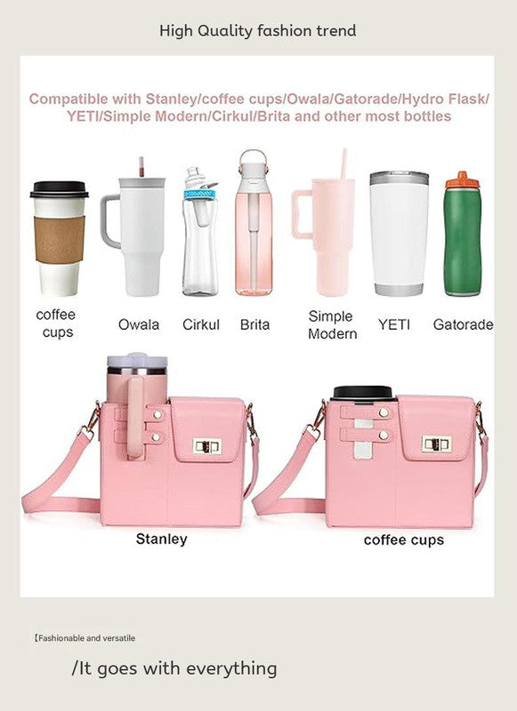Chic PU Leather Crossbody Bag with Tumbler Holder - Multi-Compartment, Adjustable Strap,Does not include V888-ELOSUNG35186