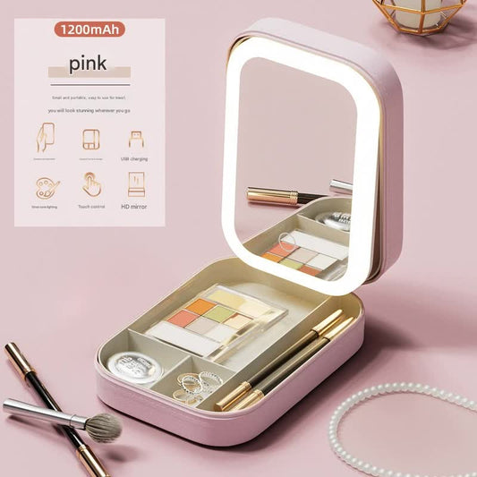 Portable Jewelry & Makeup Organizer Box with LED Touch Mirror - Rechargeable, Adjustable Lighting(pink) V888-ELOSUNG35192