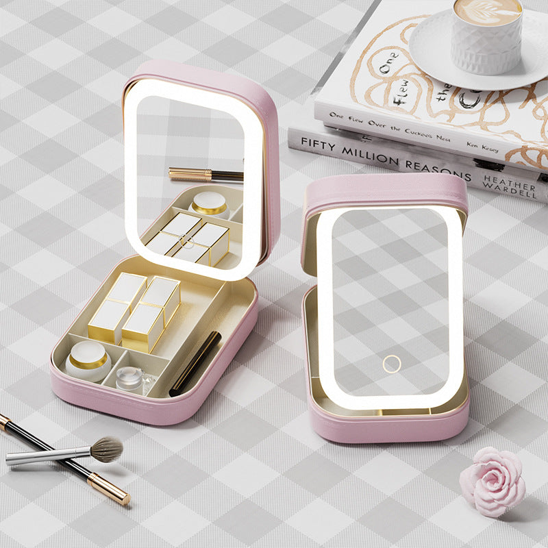 Portable Jewelry & Makeup Organizer Box with LED Touch Mirror - Rechargeable, Adjustable Lighting(pink) V888-ELOSUNG35192