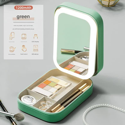 Portable Jewelry & Makeup Organizer Box with LED Touch Mirror - Rechargeable, Adjustable Lighting(green) V888-ELOSUNG35193