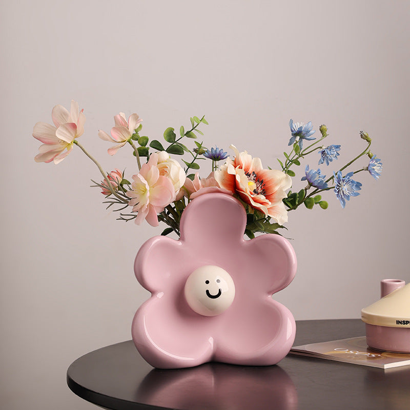 Artistic Floral Smiling Face Vase - Modern Ceramic Decor with Gloss Finish(pink) V888-ELOSUNG35235