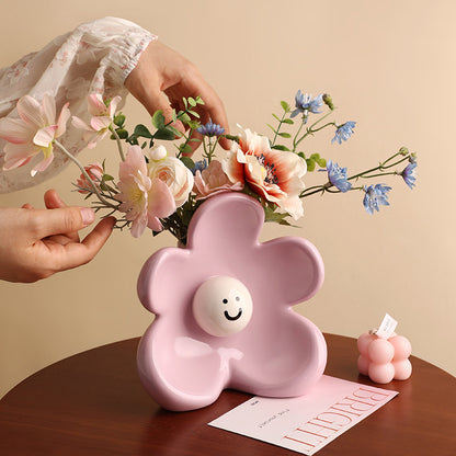 Artistic Floral Smiling Face Vase - Modern Ceramic Decor with Gloss Finish(lemon-yellow) V888-ELOSUNG35237