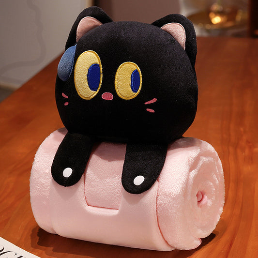 Plush 2-in-1 Pillow Blanket - Adorable Design for Cozy Comfort(Black Cat) V888-ELOSUNG35302