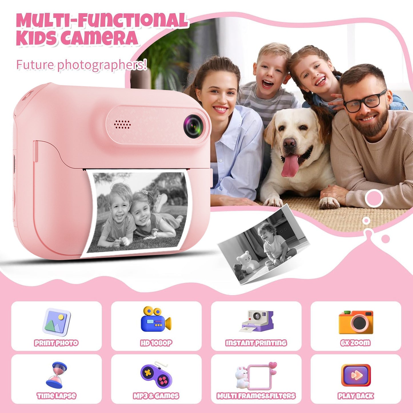 Kids Multi-Functional Camera Toy - Instant B&W Printing & Creative Stickers(white) V888-ELOSUNG35314