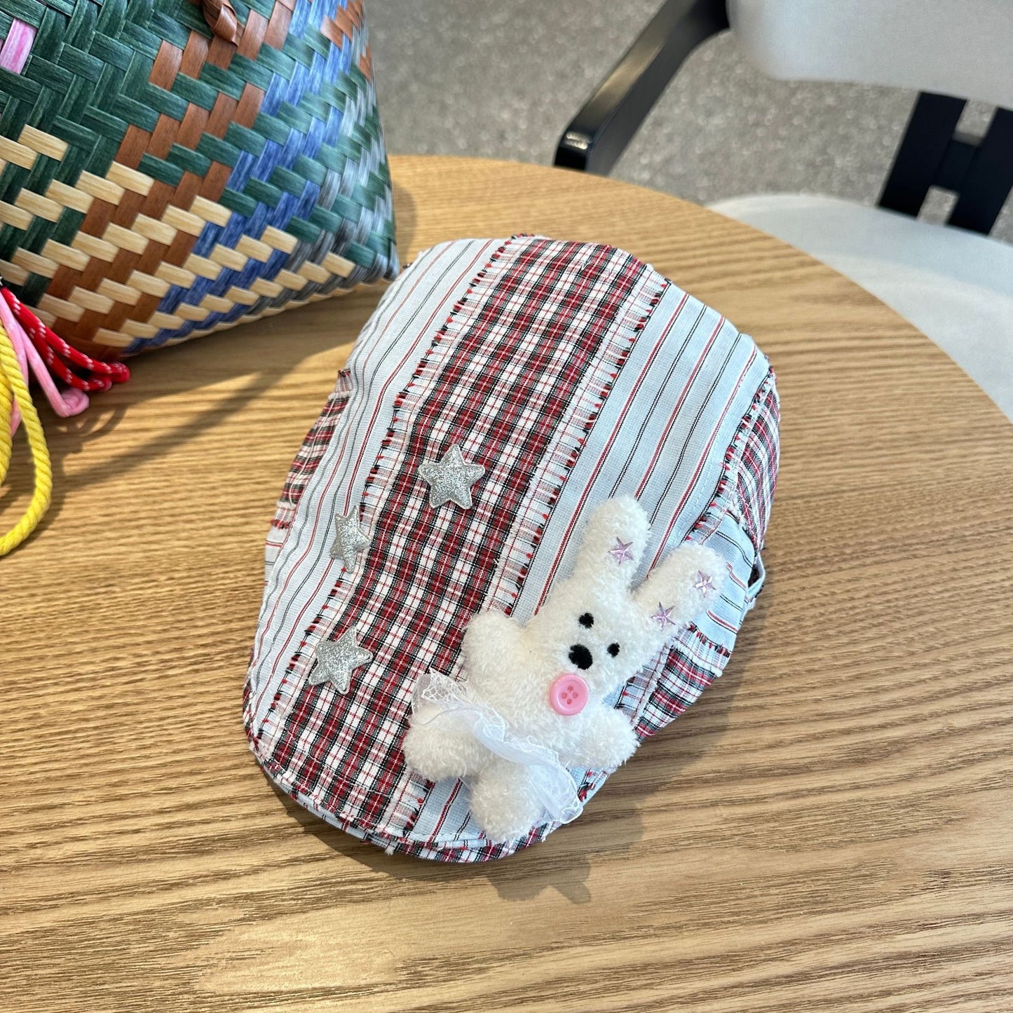 Patchwork Plaid Cotton Cap with Decorative Details(red) V888-ELOSUNG35327