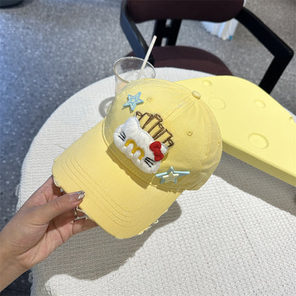 Adorable Cartoon Cat & Stars Baseball Cap - 100% Cotton, Adjustable Fit, Sun Protection(yellow) V888-ELOSUNG35374