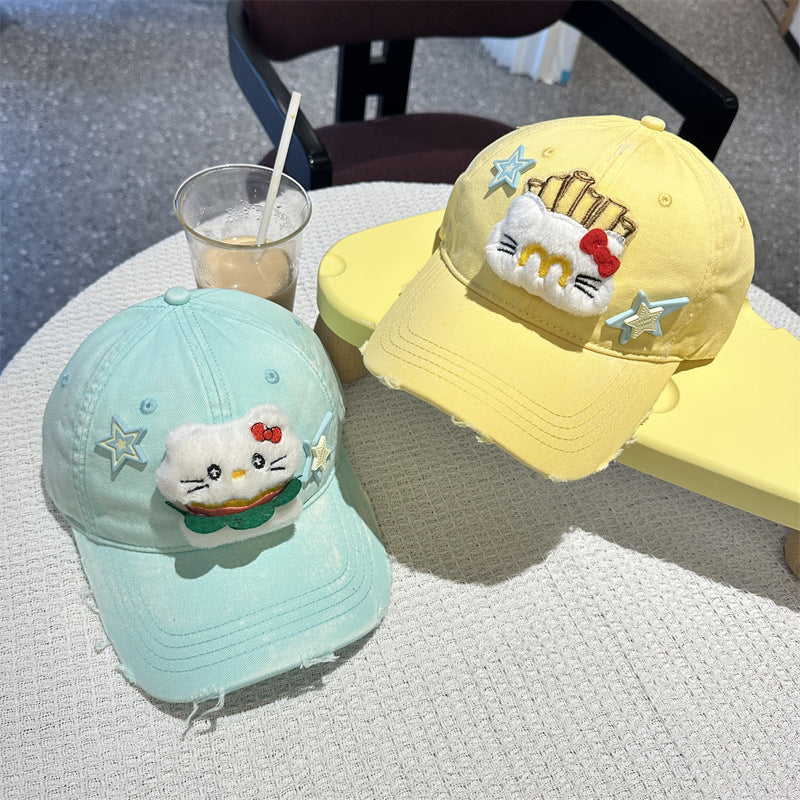 Adorable Cartoon Cat & Stars Baseball Cap - 100% Cotton, Adjustable Fit, Sun Protection(yellow) V888-ELOSUNG35374
