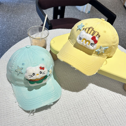 Adorable Cartoon Cat & Stars Baseball Cap - 100% Cotton, Adjustable Fit, Sun Protection(yellow) V888-ELOSUNG35374