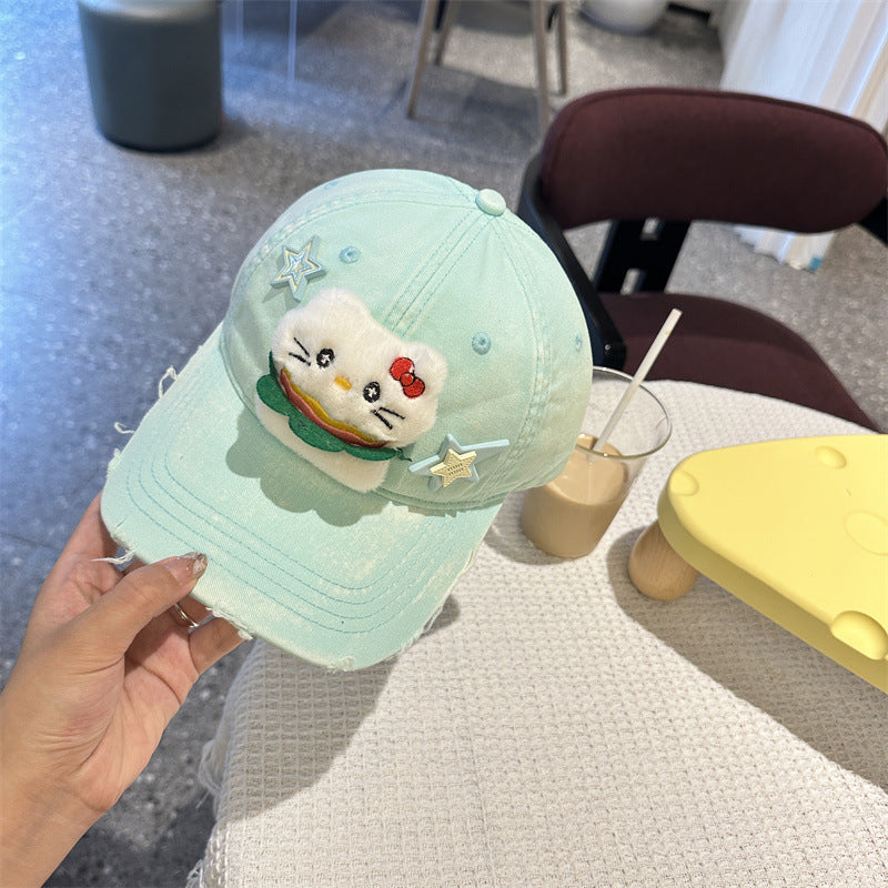 Adorable Cartoon Cat & Stars Baseball Cap - 100% Cotton, Adjustable Fit, Sun Protection(green) V888-ELOSUNG35375