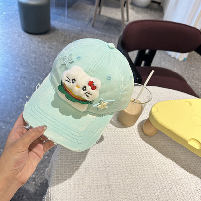 Adorable Cartoon Cat & Stars Baseball Cap - 100% Cotton, Adjustable Fit, Sun Protection(green) V888-ELOSUNG35375