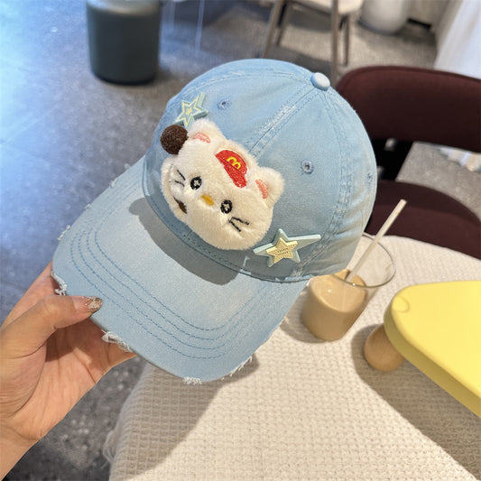 Adorable Cartoon Cat & Stars Baseball Cap - 100% Cotton, Adjustable Fit, Sun Protection(blue) V888-ELOSUNG35376