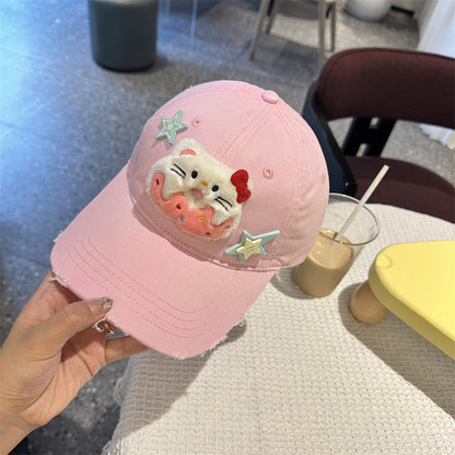 Adorable Cartoon Cat & Stars Baseball Cap - 100% Cotton, Adjustable Fit, Sun Protection(pink) V888-ELOSUNG35378