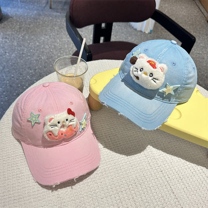 Adorable Cartoon Cat & Stars Baseball Cap - 100% Cotton, Adjustable Fit, Sun Protection(pink) V888-ELOSUNG35378
