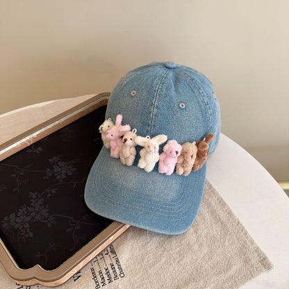 Whimsical Plush Bunny Row Denim Baseball Cap - Adjustable, Sun Protection, Breathable Comfort(Light Blue) V888-ELOSUNG35379