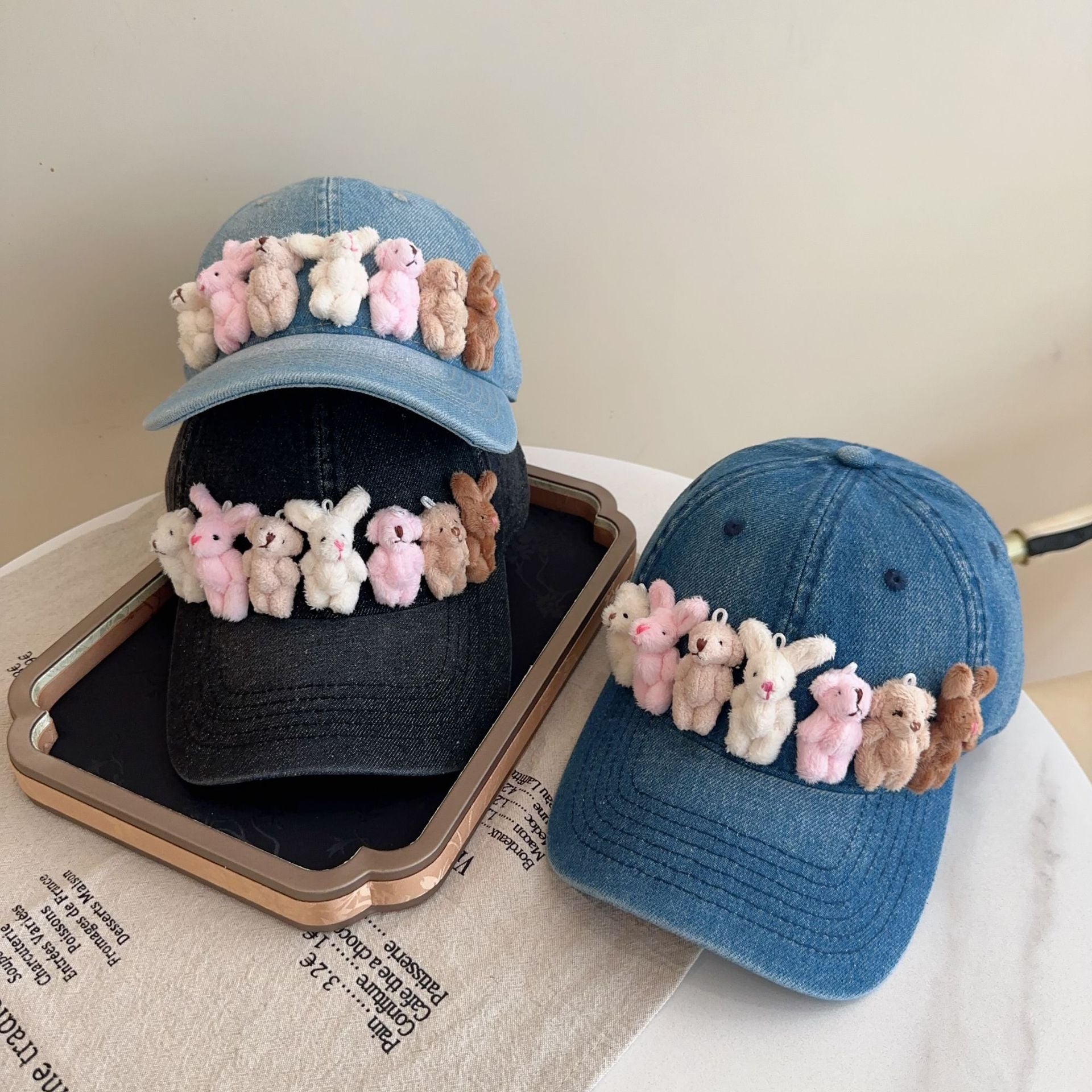 Whimsical Plush Bunny Row Denim Baseball Cap - Adjustable, Sun Protection, Breathable Comfort(Light Blue) V888-ELOSUNG35379
