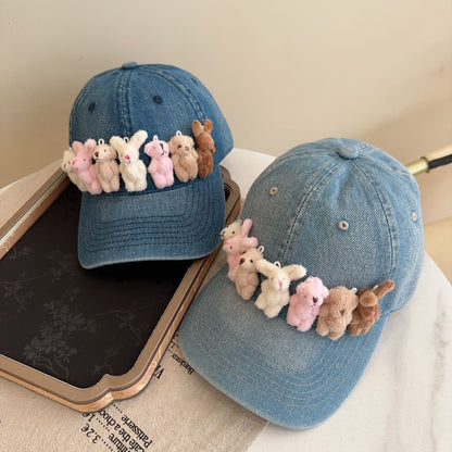 Whimsical Plush Bunny Row Denim Baseball Cap - Adjustable, Sun Protection, Breathable Comfort(Light Blue) V888-ELOSUNG35379