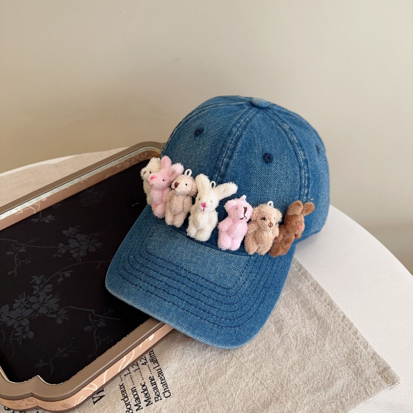 Whimsical Plush Bunny Row Denim Baseball Cap - Adjustable, Sun Protection, Breathable Comfort(Dark Blue) V888-ELOSUNG35380