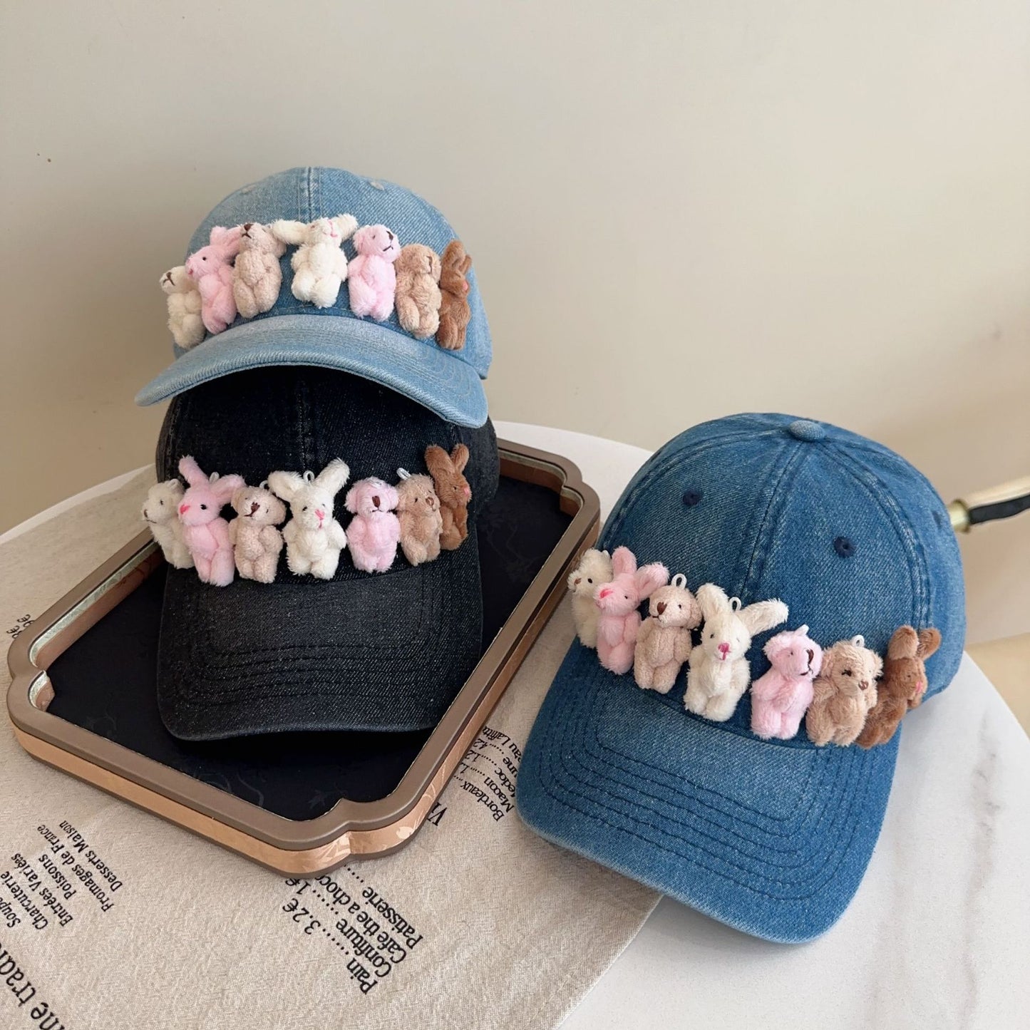 Whimsical Plush Bunny Row Denim Baseball Cap - Adjustable, Sun Protection, Breathable Comfort(Dark Blue) V888-ELOSUNG35380