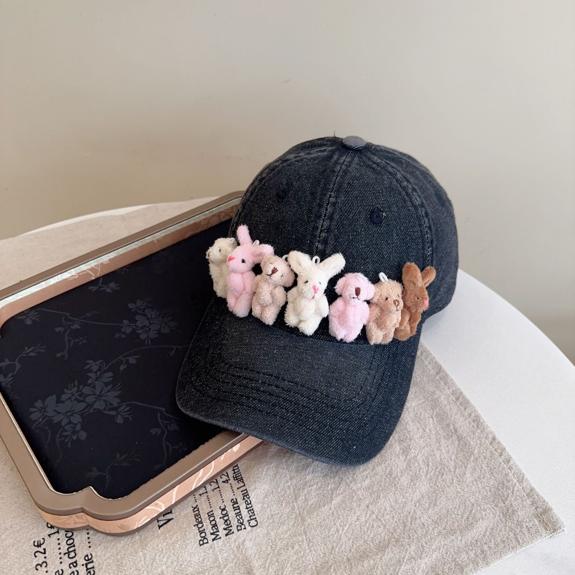 Whimsical Plush Bunny Row Denim Baseball Cap - Adjustable, Sun Protection, Breathable Comfort(Black) V888-ELOSUNG35381