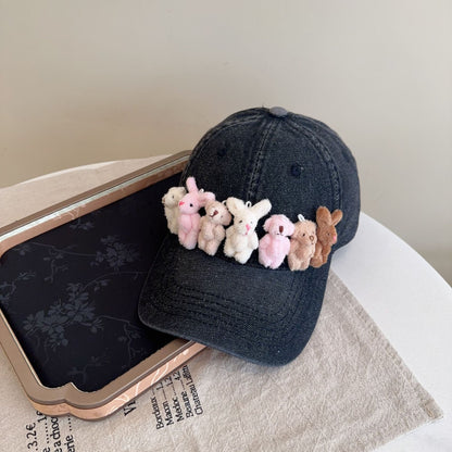 Whimsical Plush Bunny Row Denim Baseball Cap - Adjustable, Sun Protection, Breathable Comfort(Black) V888-ELOSUNG35381