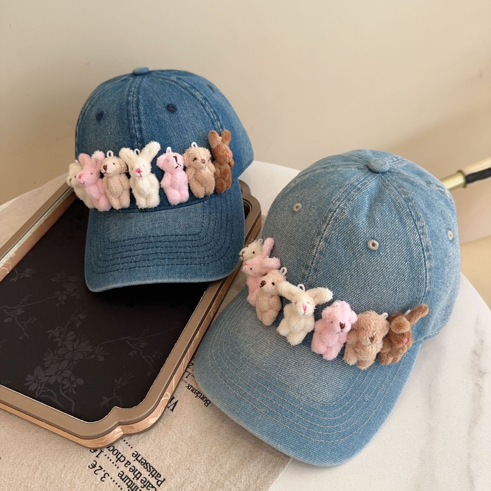 Whimsical Plush Bunny Row Denim Baseball Cap - Adjustable, Sun Protection, Breathable Comfort(Black) V888-ELOSUNG35381