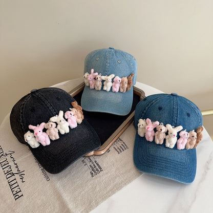 Whimsical Plush Bunny Row Denim Baseball Cap - Adjustable, Sun Protection, Breathable Comfort(Black) V888-ELOSUNG35381