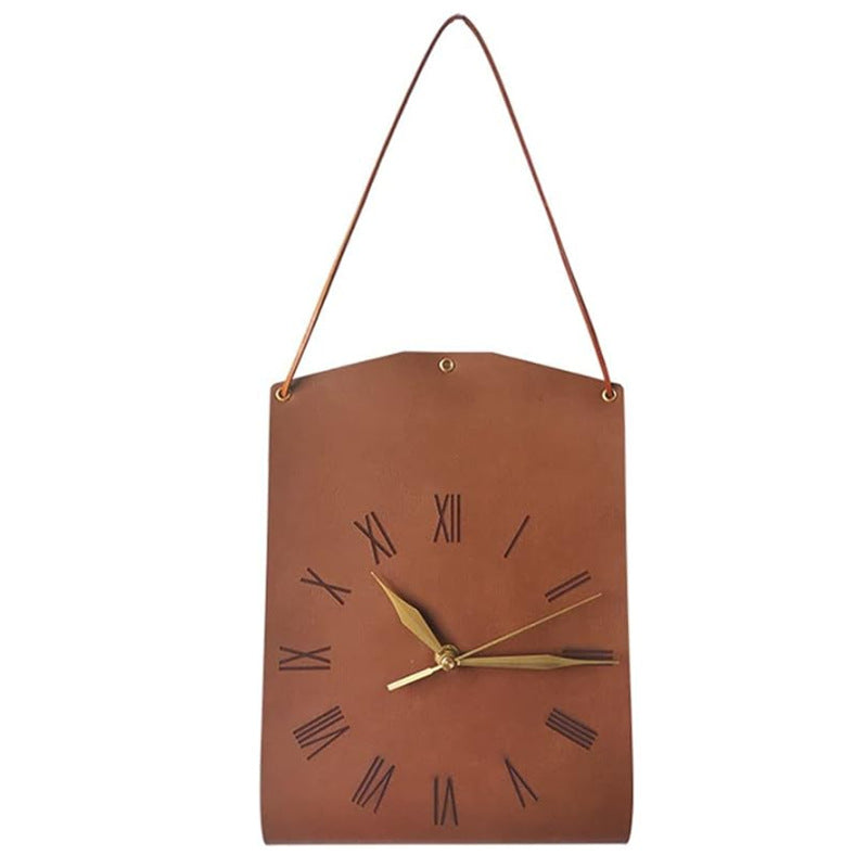 Retro PU Leather Hanging Wall Clock - Silent Sweep Movement, Roman Numerals, Decorative Handbag Style(Dark V888-ELOSUNG35400
