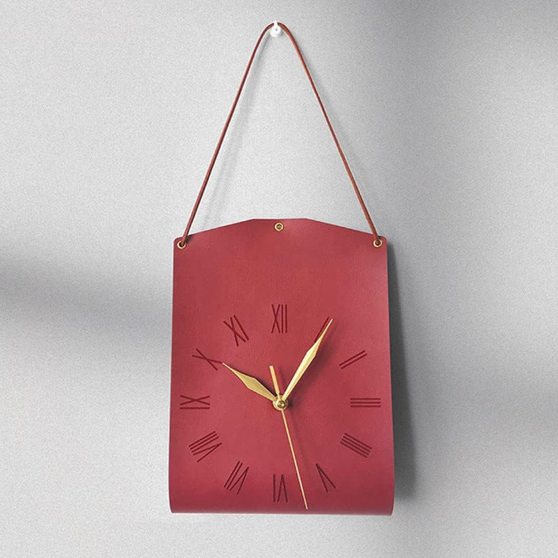 Retro PU Leather Hanging Wall Clock - Silent Sweep Movement, Roman Numerals, Decorative Handbag Style(Red) V888-ELOSUNG35401