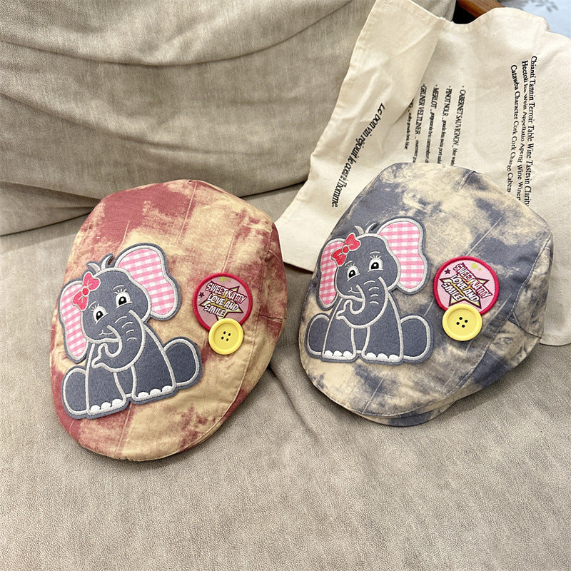 Cute Elephant Applique Beret Hat - Soft Fabric, Adjustable Fit, Retro Newsboy Cap(Black) V888-ELOSUNG35431