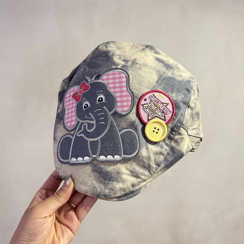 Cute Elephant Applique Beret Hat - Soft Fabric, Adjustable Fit, Retro Newsboy Cap(blue) V888-ELOSUNG35432