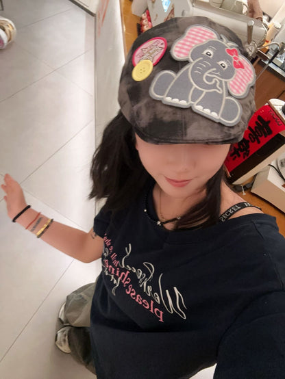 Cute Elephant Applique Beret Hat - Soft Fabric, Adjustable Fit, Retro Newsboy Cap(blue) V888-ELOSUNG35432