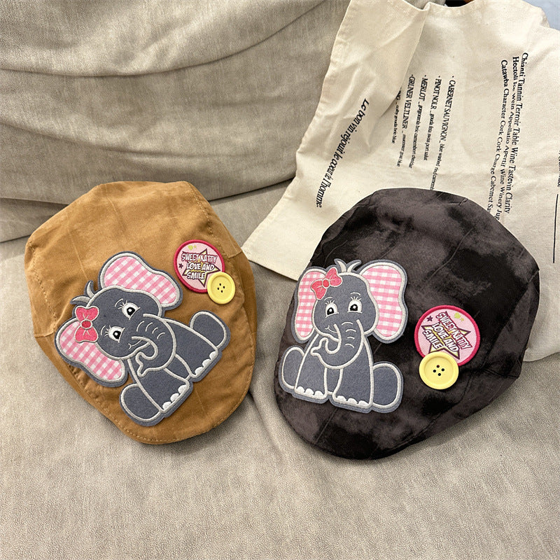 Cute Elephant Applique Beret Hat - Soft Fabric, Adjustable Fit, Retro Newsboy Cap(khaki) V888-ELOSUNG35434